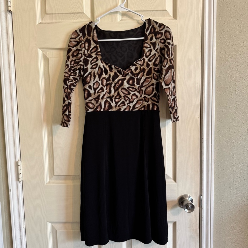 Elegant Leopard and Black Long Sleeve Dress